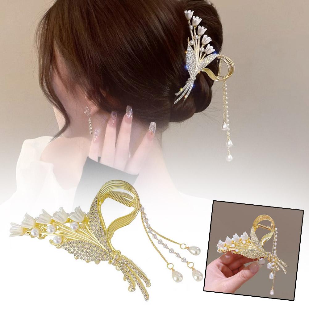 thumbnail image 2 of Wartleves Pinza para el pelo con flecos de perlas de metal, accesorios para el cabello de mariposa para mujer, elegante diseño, 2 of 7