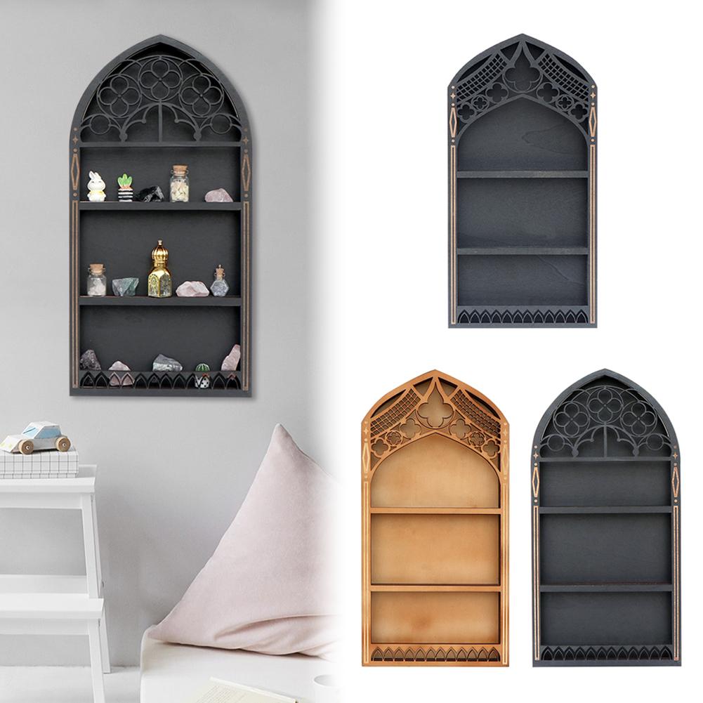 thumbnail image 5 of Ruifaya Estante de cristal con ventana gótica para pared, estantes flotantes montados en la pared, estante de cristal con ventana de iglesia antigua, estante de aceite esencial negro bohemio gótico, 5 of 7