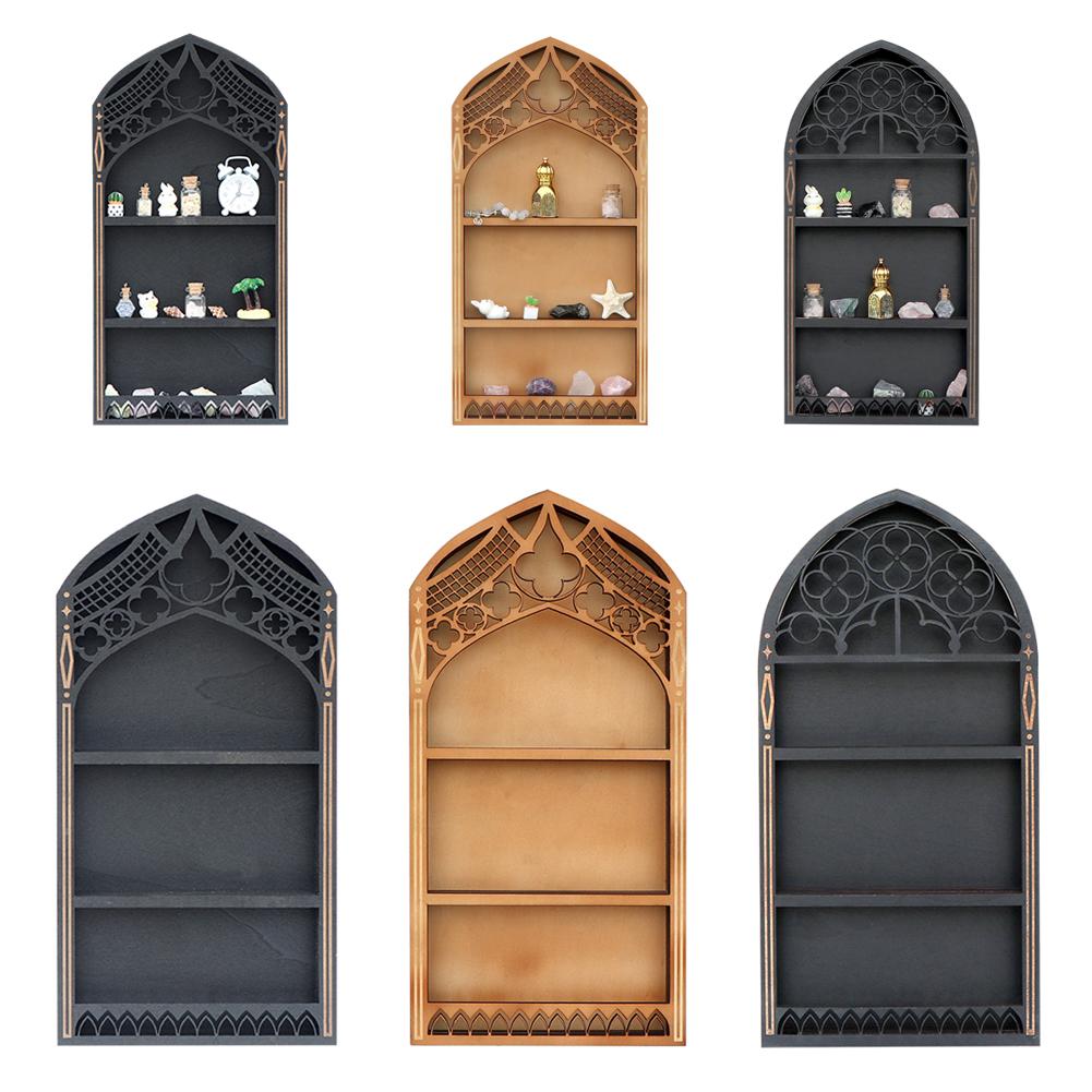 thumbnail image 3 of Ruifaya Estante de cristal con ventana gótica para pared, estantes flotantes montados en la pared, estante de cristal con ventana de iglesia antigua, estante de aceite esencial negro bohemio gótico, 3 of 7