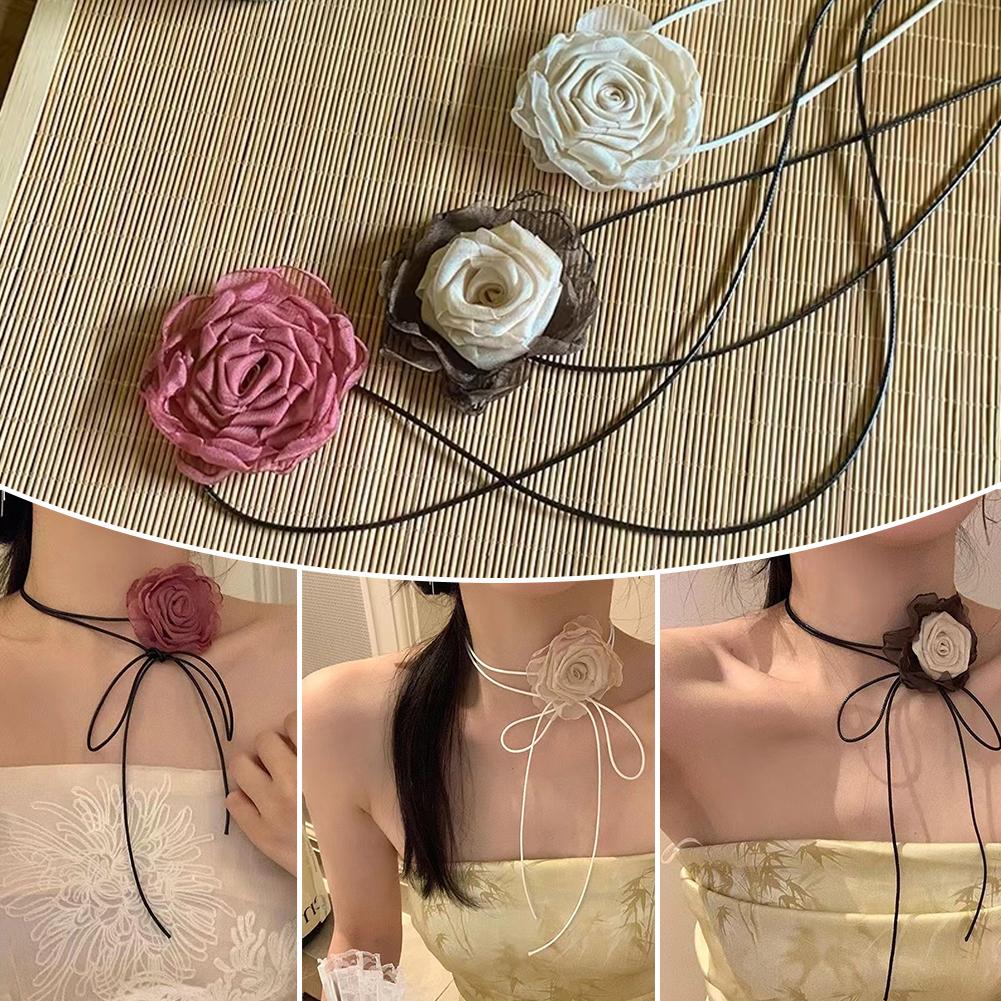 thumbnail image 3 of SGACAI Cadena para el cuello con lazo de flores, collar de rosas hecho en casa, pulsera multifuncional, 3 of 7
