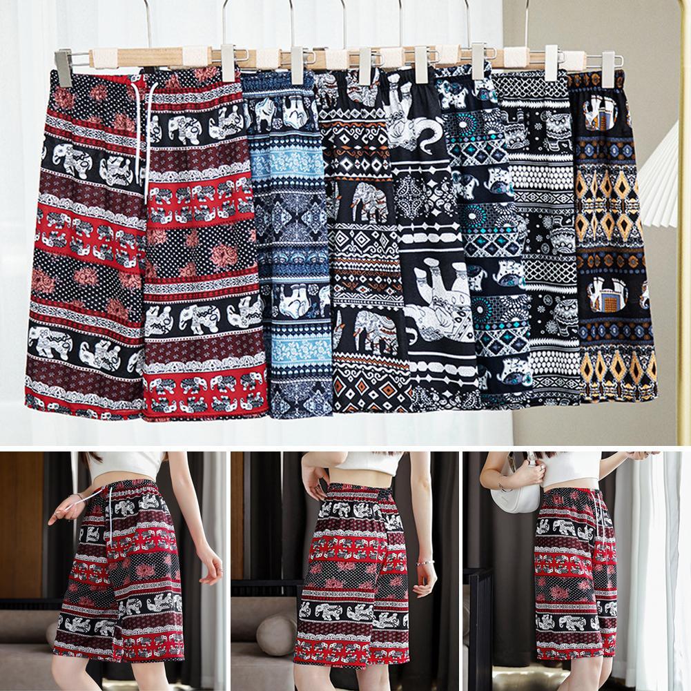 thumbnail image 3 of Wartleves Pantalones cortos estilo étnico holgados para playa, cintura alta y estampado de elefantes XN, 3 of 7