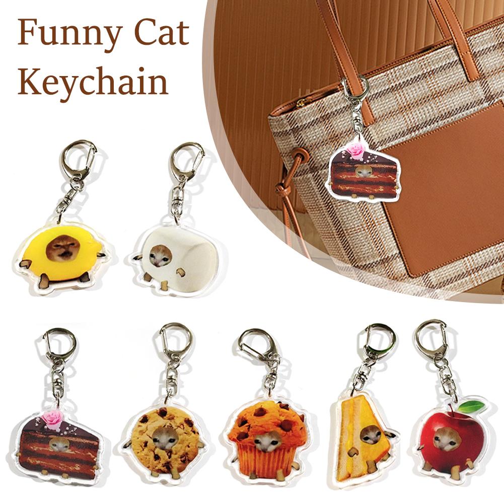 thumbnail image 3 of Ruifaya Llavero de gato ZHOSXRC, lindo llavero de meme de gato, llavero portátil de gato divertido y feliz, llavero colgante de bolsa con cabeza de gato de comida para bolso, 3 of 7