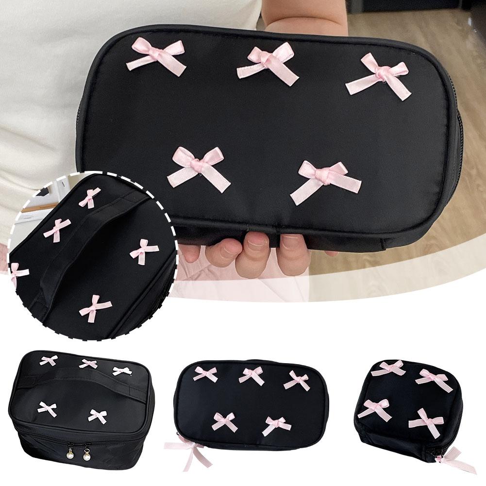 thumbnail image 3 of Wartleves Estuche para lápices con cremallera portátil y bolsa de maquillaje negra con lazo, 3 of 7