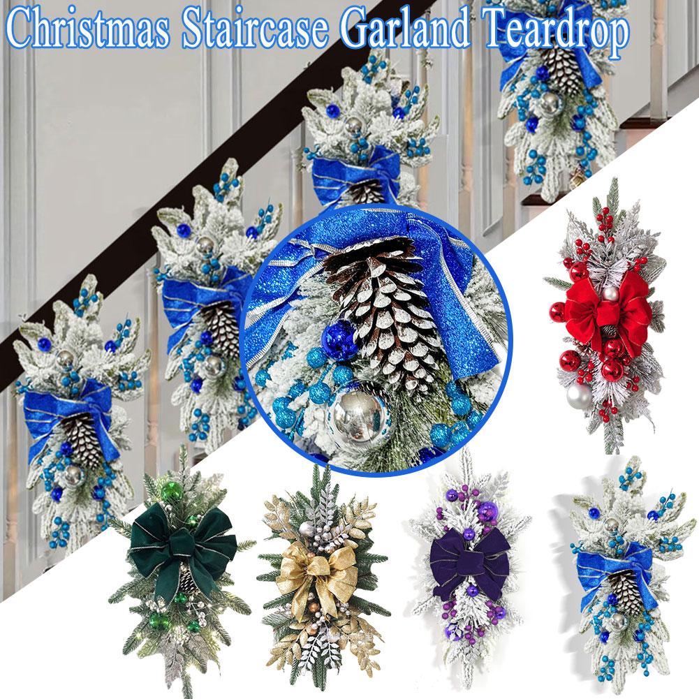 thumbnail image 3 of Wartleves Adorno de corona de flores para decoración de escaleras navideñas, adorno para colgar en la puerta para fiestas, 3 of 7