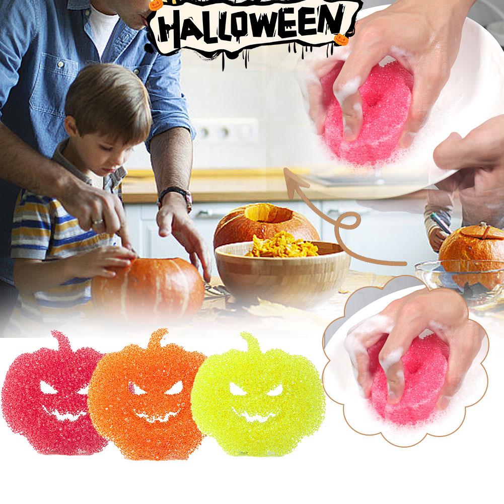 thumbnail image 3 of Ruifaya 1/3 piezas de esponja para fregar platos con forma de calabaza que no raya, para Halloween, 3 of 7