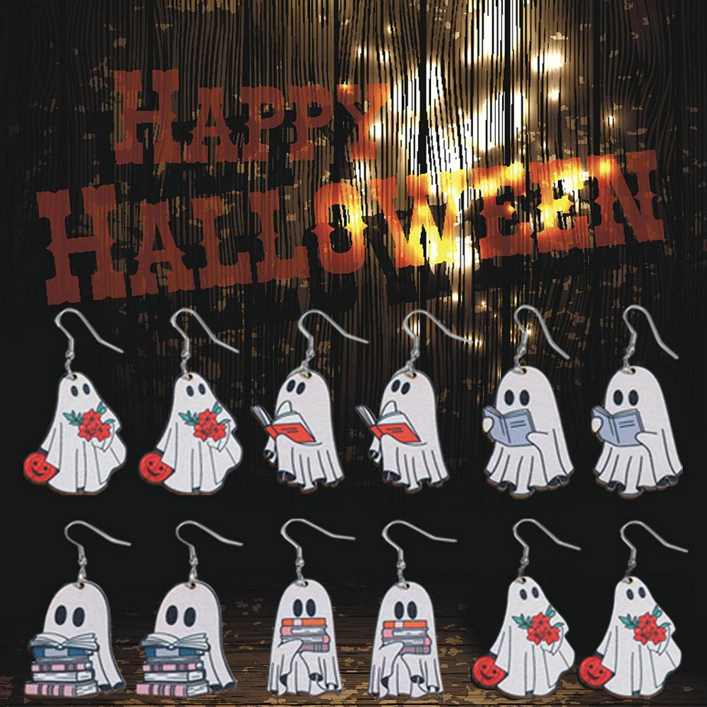 thumbnail image 3 of Ruifaya Pendientes colgantes de madera con fantasmas de Halloween y calabazas naranjas Z7C2 Party V49C, 3 of 7