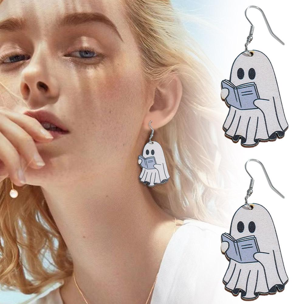thumbnail image 2 of Ruifaya Pendientes colgantes de madera con fantasmas de Halloween y calabazas naranjas Z7C2 Party V49C, 2 of 7