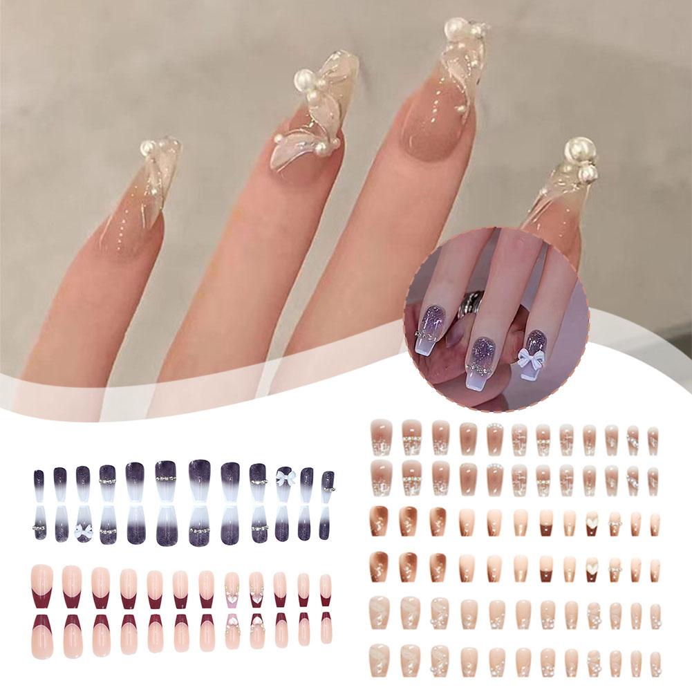 thumbnail image 2 of Wartleves Uñas postizas estilo francés, uñas largas con lazo de diamante, uñas de moda, blanqueamiento, 2 of 7