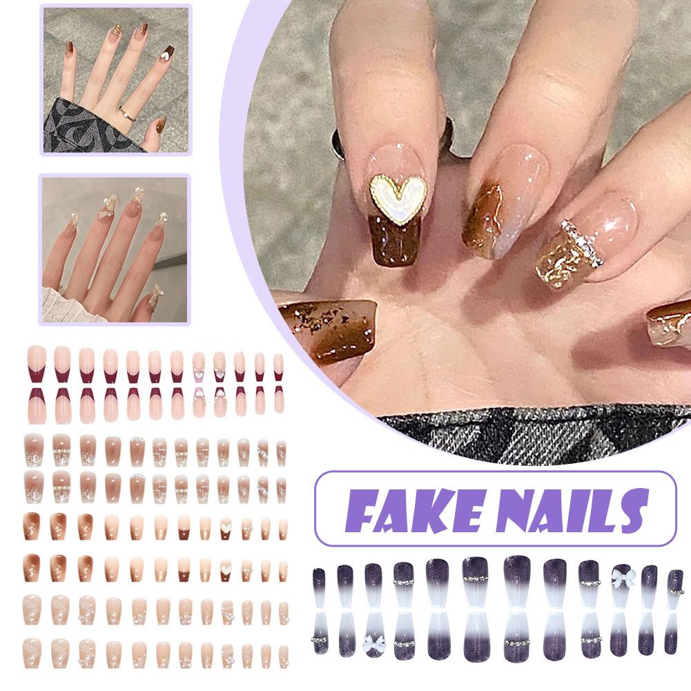 thumbnail image 3 of Wartleves Uñas postizas estilo francés, uñas largas con lazo de diamante, uñas de moda, blanqueamiento, 3 of 7