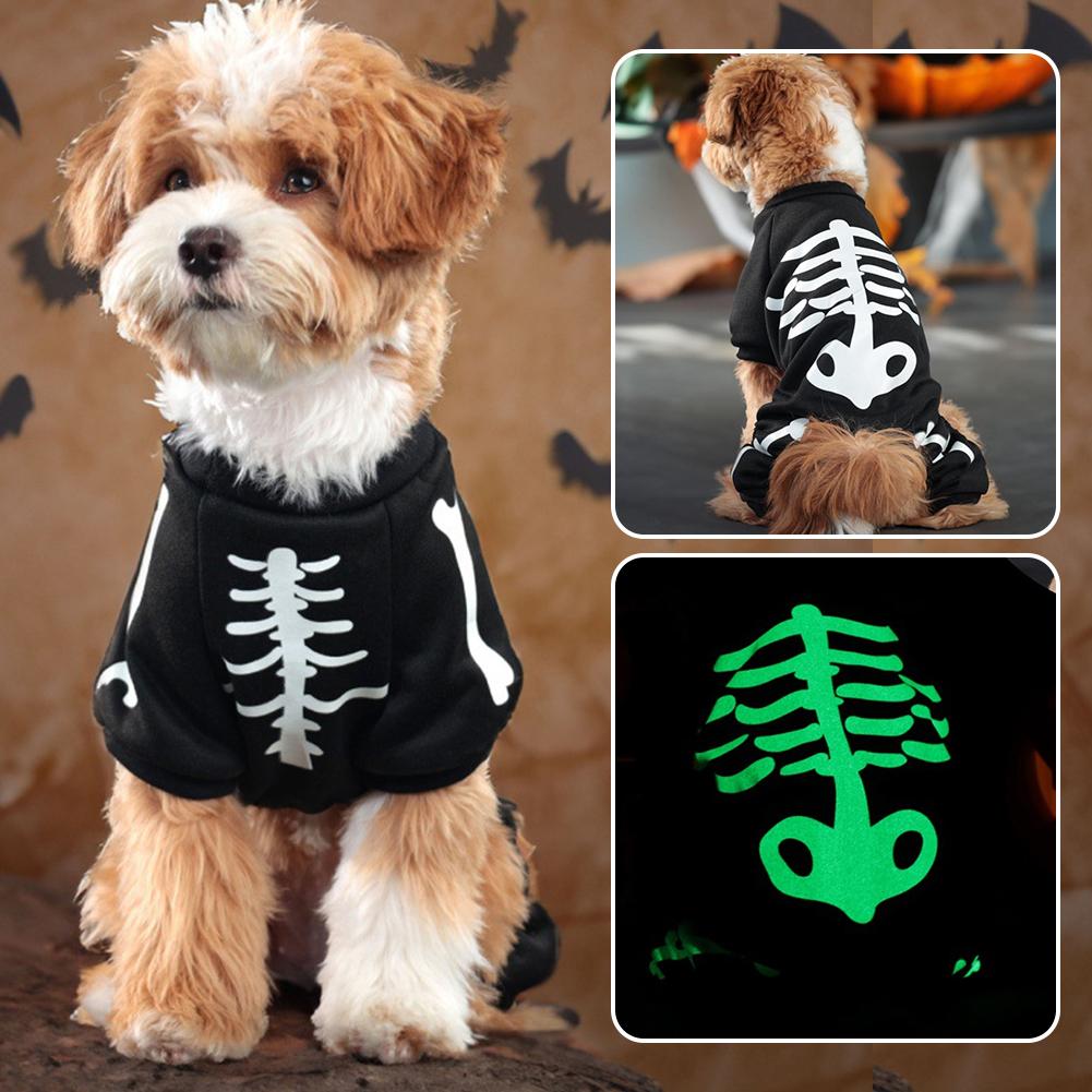 thumbnail image 3 of Wartleves Pijama de una pieza con esqueleto luminoso para perro de Halloween, U1, 3 of 7