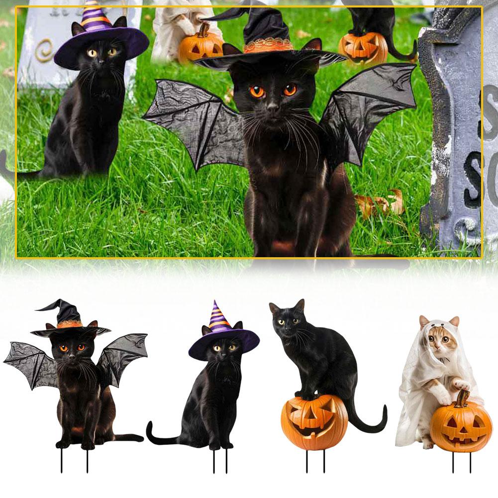 thumbnail image 3 of Ruifaya Decoraciones de Halloween para exteriores, letrero de jardín con lindo gato negro de 10 pulgadas con calabaza 'η, 3 of 7