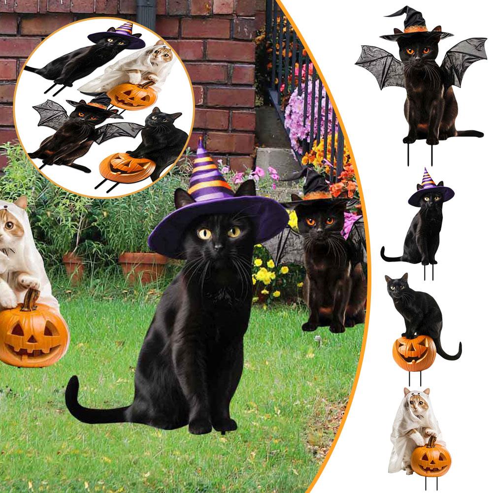 thumbnail image 2 of Ruifaya Decoraciones de Halloween para exteriores, letrero de jardín con lindo gato negro de 10 pulgadas con calabaza 'η, 2 of 7