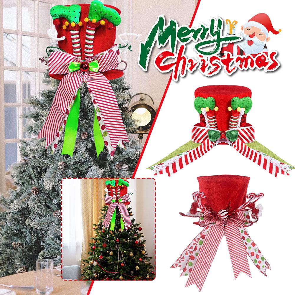 thumbnail image 3 of SGACAI Adorno para la copa del árbol de Navidad, sombrero para la copa del árbol de Navidad, sombrero rojo grande con lazo de rayas, sombrero de copa para adornos de árbol de Navidad, adornos de me, 3 of 7