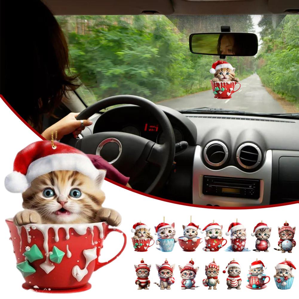 thumbnail image 3 of Wartleves Adorno navideño de gato, adorno navideño de gato acrílico 2D, adorno navideño para árbol de Navidad, adorno navideño colgante con forma de gato de dibujos animados, decoración navideña para, 3 of 7
