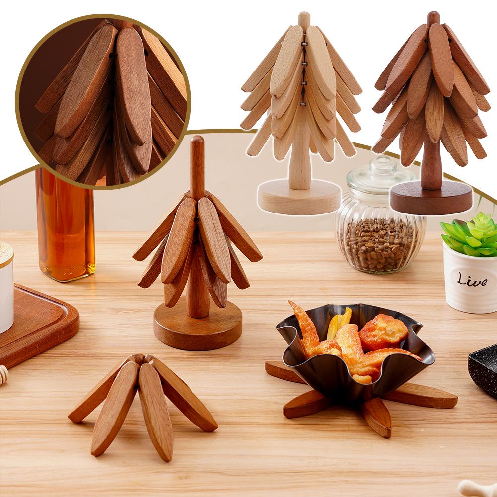 thumbnail image 3 of SGACAI Posavasos de madera con forma de árbol, salvamanteles de madera para platos calientes, forma decorativa de árbol de Navidad, 3 of 7