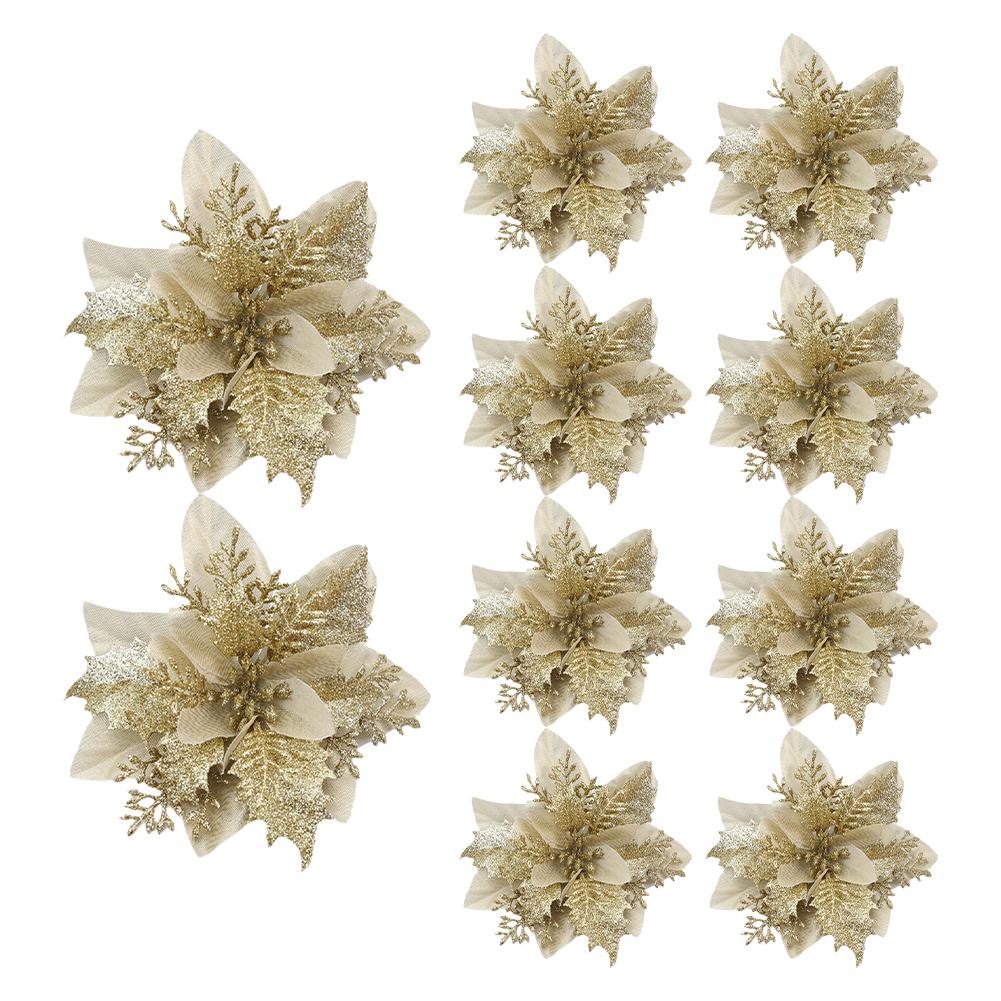 thumbnail image 4 of Ruifaya ZOUBAOQ 10 piezas 14 cm flores artificiales de Navidad con purpurina adornos para árbol de Navidad decoraciones nuevas para el año nuevo regalo de Navidad para el hogar, 4 of 7