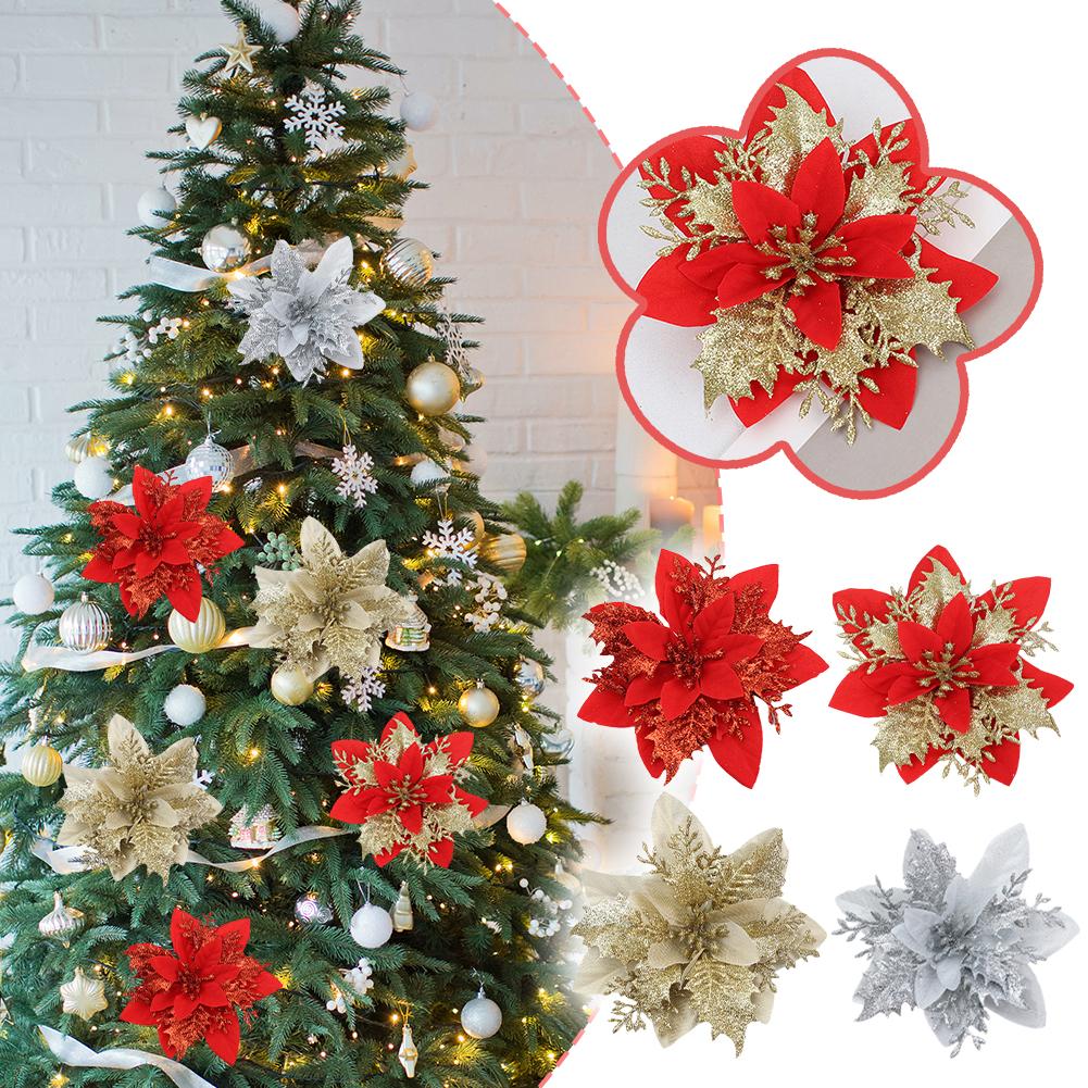 thumbnail image 3 of Ruifaya ZOUBAOQ 10 piezas 14 cm flores artificiales de Navidad con purpurina adornos para árbol de Navidad decoraciones nuevas para el año nuevo regalo de Navidad para el hogar, 3 of 7