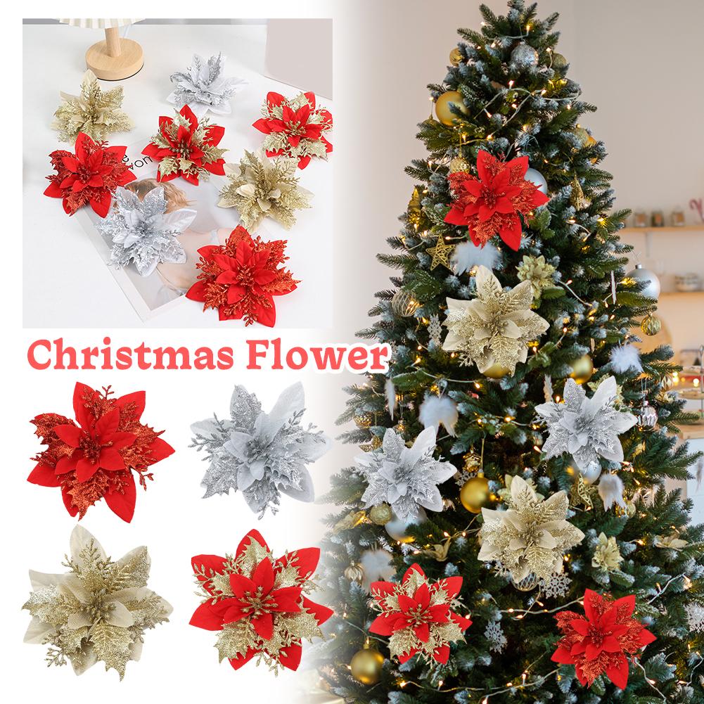 thumbnail image 2 of Ruifaya ZOUBAOQ 10 piezas 14 cm flores artificiales de Navidad con purpurina adornos para árbol de Navidad decoraciones nuevas para el año nuevo regalo de Navidad para el hogar, 2 of 7