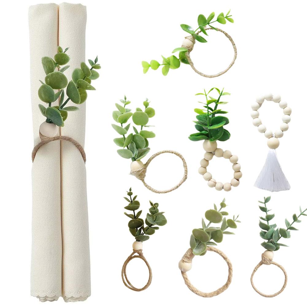thumbnail image 2 of Ruifaya Servilleteros rústicos de granja Servilleteros de madera de eucalipto con hojas verdes Boho βх, 2 of 7