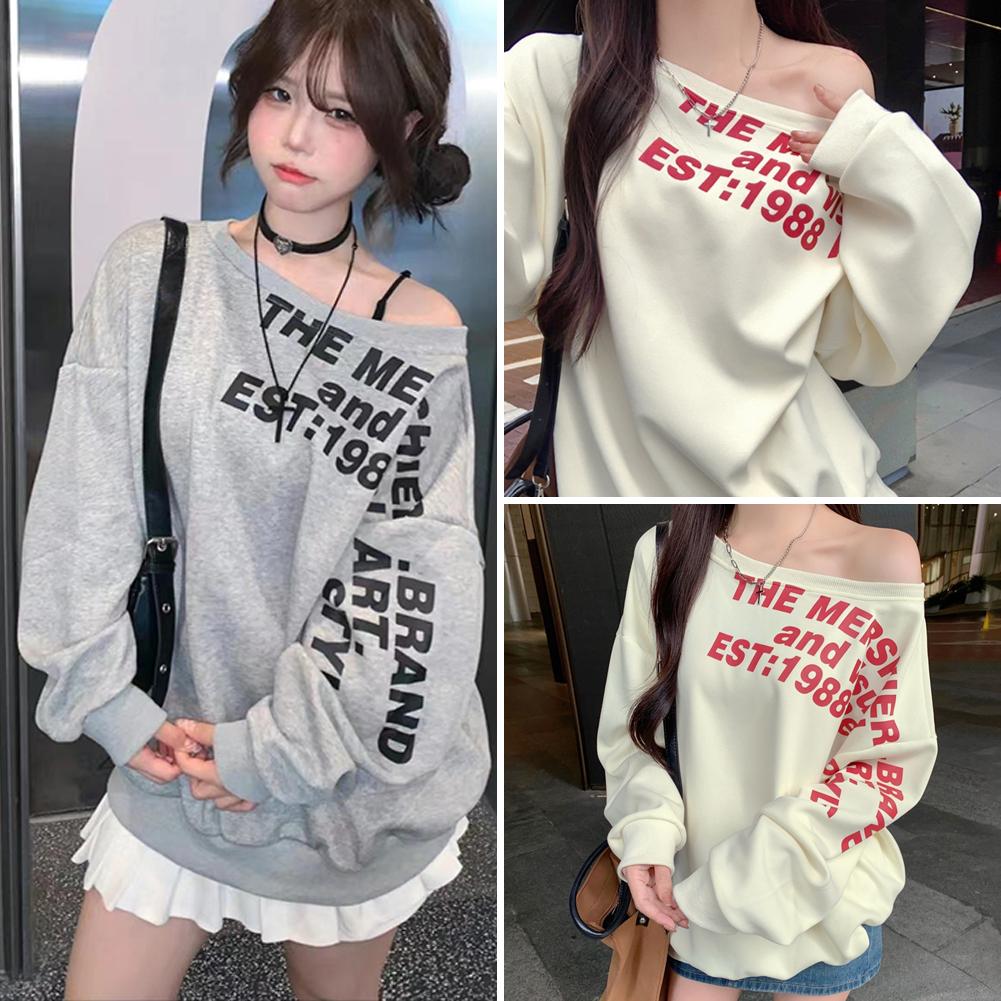 thumbnail image 2 of Wartleves Sudadera de manga larga con estampado de letras y hombros inclinados para niña, fina, holgada, informal, 2 of 7