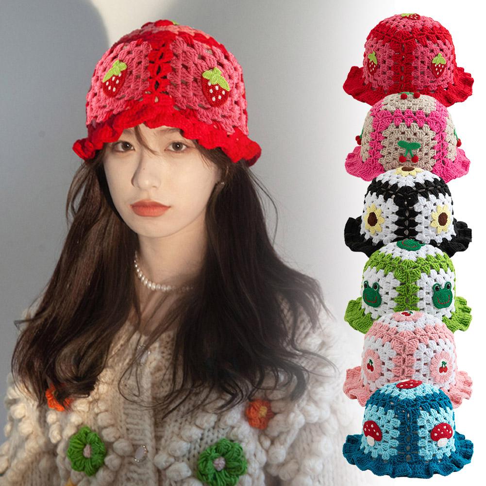 thumbnail image 3 of Ruifaya Gorro de pescador de punto dulce y bonito con borde de hoja de loto, gorro de lana tipo cubo D1P0, 3 of 7