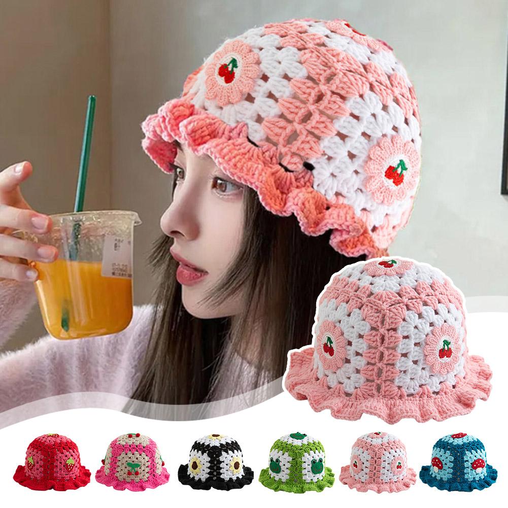 thumbnail image 2 of Ruifaya Gorro de pescador de punto dulce y bonito con borde de hoja de loto, gorro de lana tipo cubo D1P0, 2 of 7