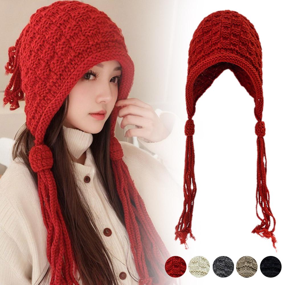 thumbnail image 3 of SGACAI Gorro de punto con orejeras cálidas y borlas, gorro de crochet informal, gorro bonito, 3 of 7