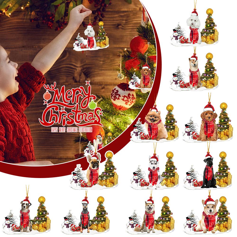 thumbnail image 3 of Ruifaya Adorno de árbol de Navidad de madera con forma de perro con gorro de Papá Noel y muñecos de nieve, 3 of 7