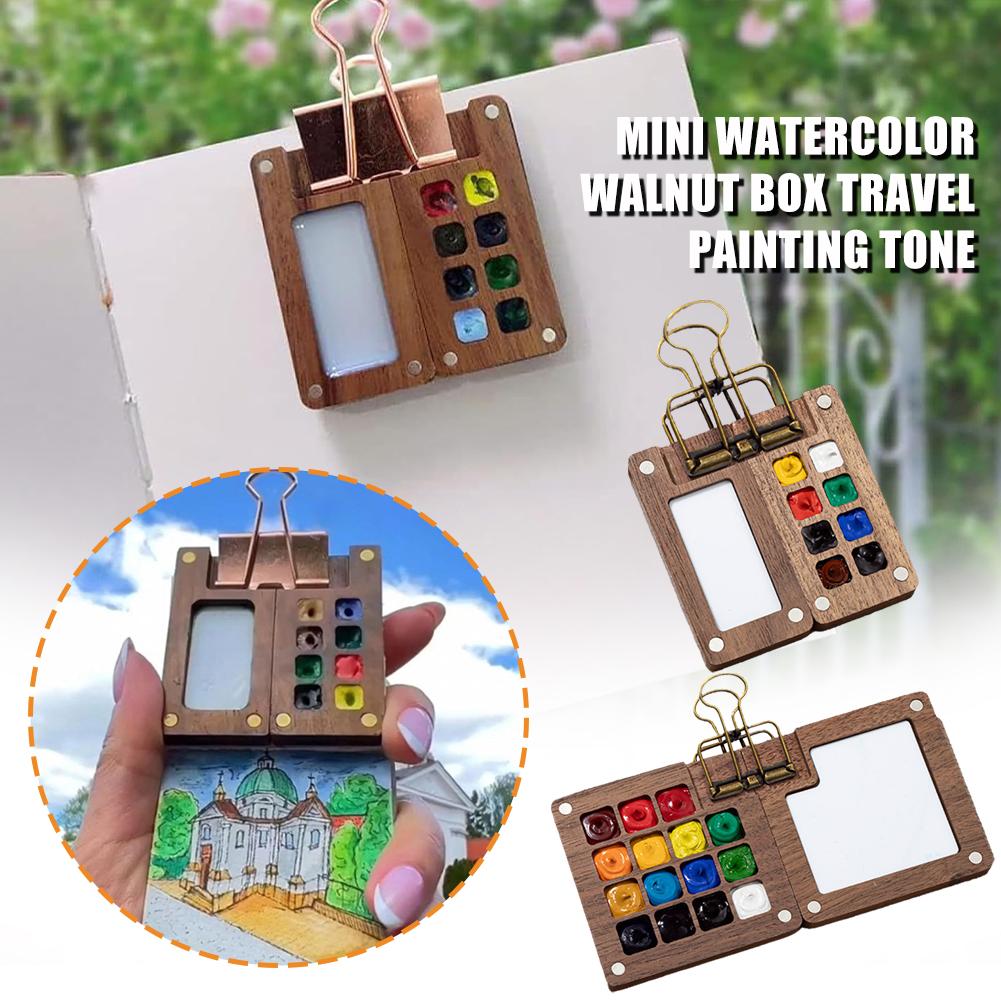 thumbnail image 2 of Wartleves Mini caja de pintura de acuarela de nogal, paleta pequeña de 8 colores, 2 of 7