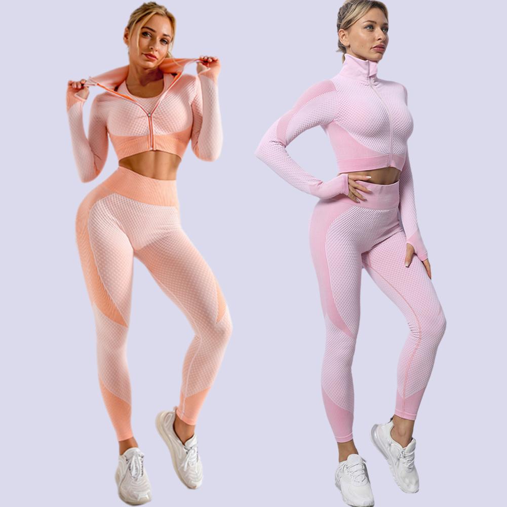 thumbnail image 3 of Ruifaya Conjuntos de 3 piezas de ropa deportiva sin costuras para mujer, conjunto de yoga, ropa deportiva, leggings, sujetador, ropa deportiva elástica para gimnasio y fitness, 3 of 7