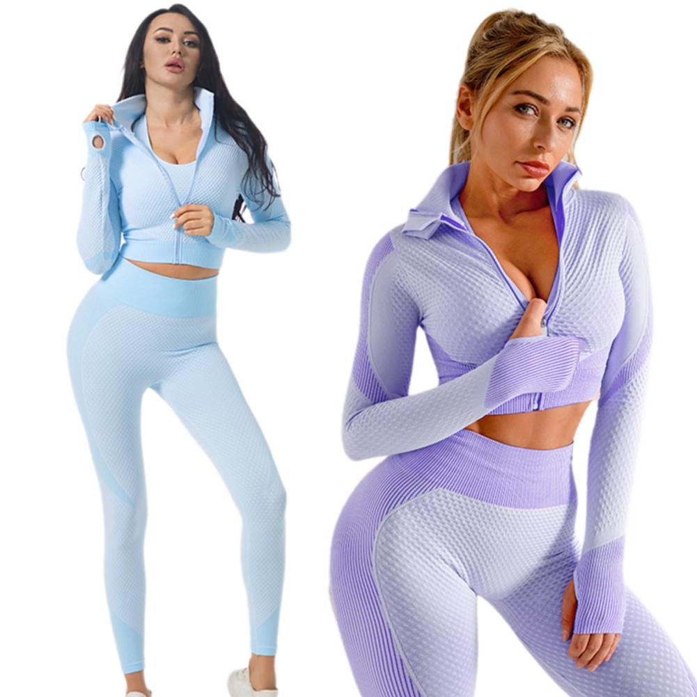 thumbnail image 2 of Ruifaya Conjuntos de 3 piezas de ropa deportiva sin costuras para mujer, conjunto de yoga, ropa deportiva, leggings, sujetador, ropa deportiva elástica para gimnasio y fitness, 2 of 7