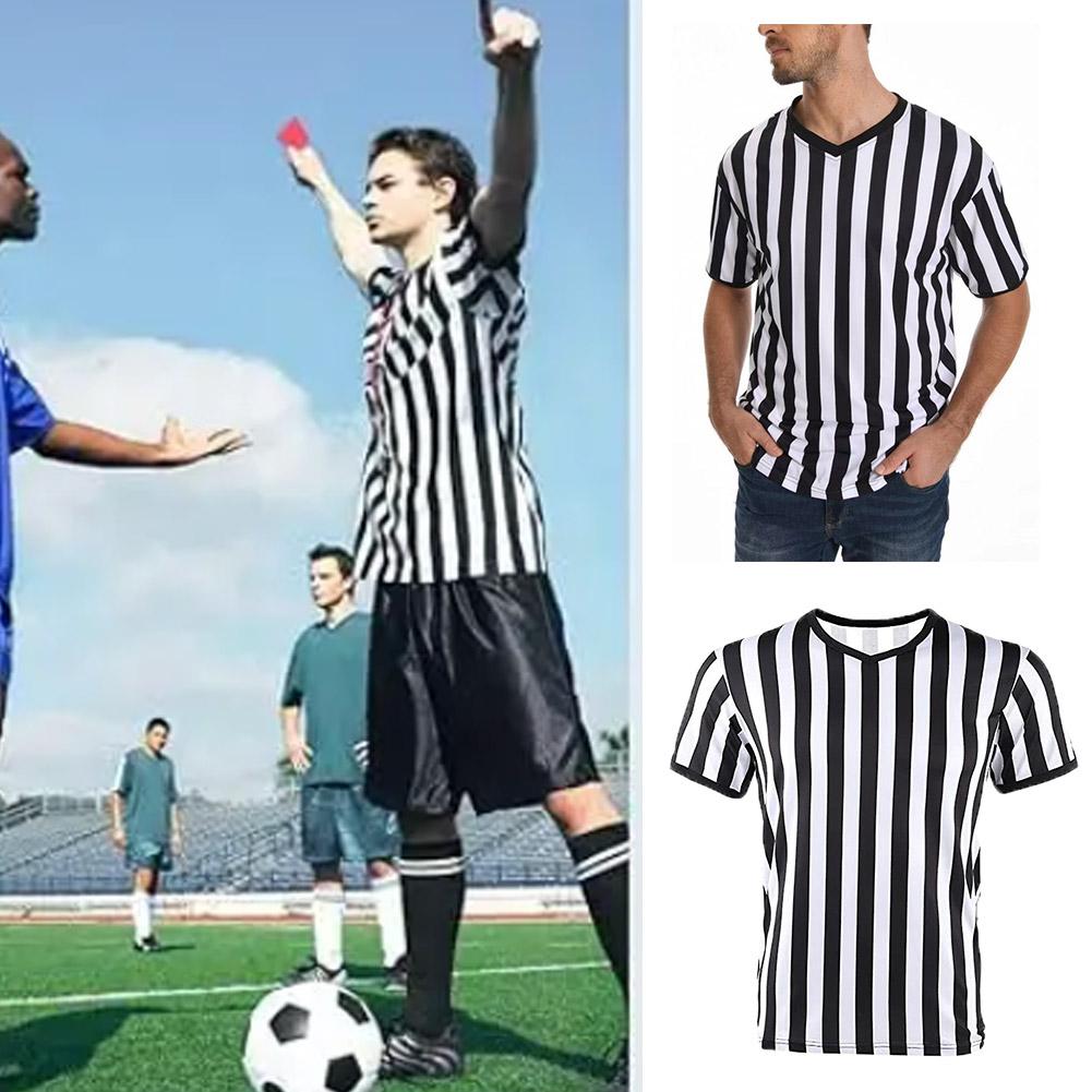 thumbnail image 2 of Ruifaya Camiseta de árbitro de fútbol Camiseta deportiva de cuello en V con rayas para árbitro de fútbol, 2 of 7