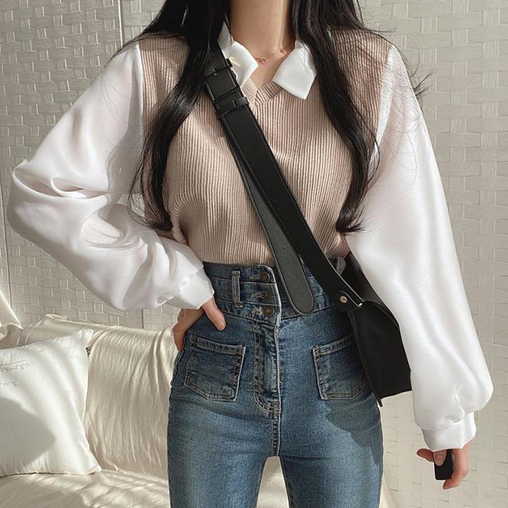 thumbnail image 4 of Wartleves Camiseta falsa de dos piezas para mujer, cuello empalmado, manga larga, parte superior holgada con rosca C6, 4 of 7