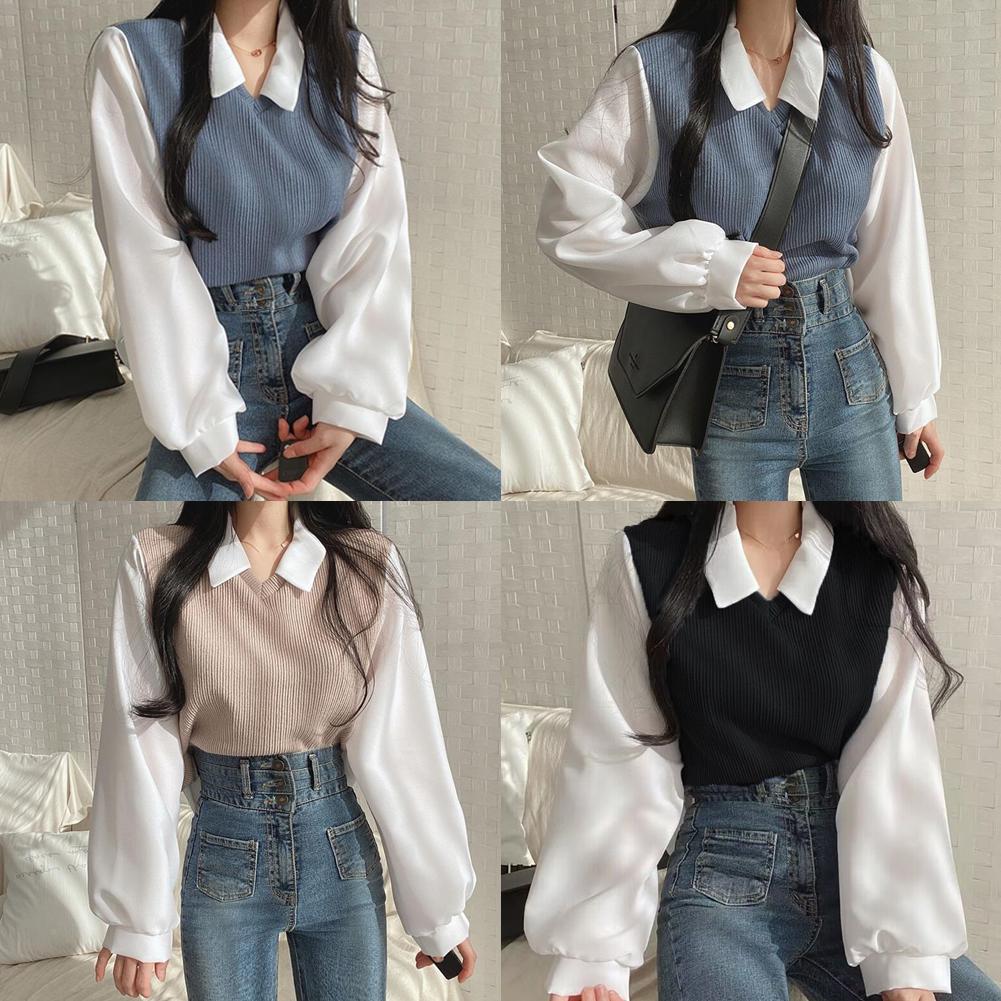thumbnail image 2 of Wartleves Camiseta falsa de dos piezas para mujer, cuello empalmado, manga larga, parte superior holgada con rosca C6, 2 of 7