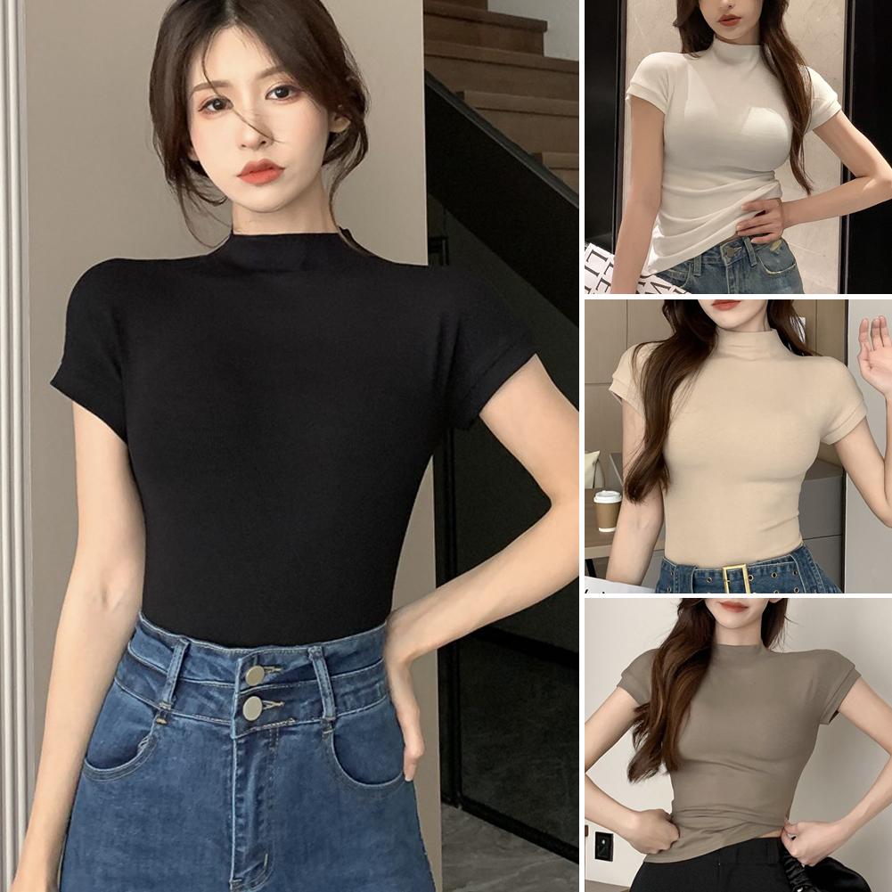 thumbnail image 3 of Wartleves Camiseta de manga corta con cuello alto y estilo Pure Desire para mujer, 3 of 7