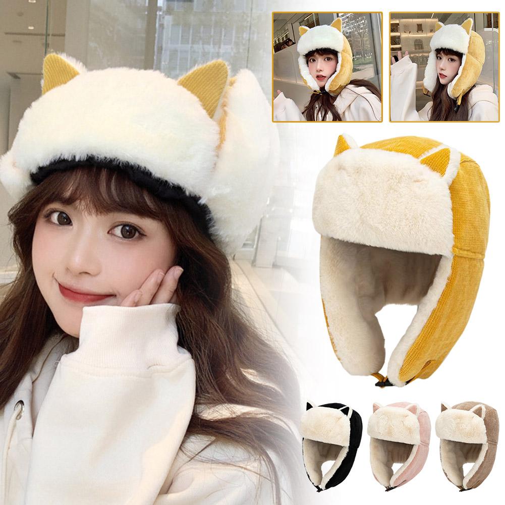 thumbnail image 2 of SGACAI Gorro con orejeras para niña y mujer, gorro de cazador ushanka con orejas de gato, piel sintética, D1P0, mullido, 2 of 7