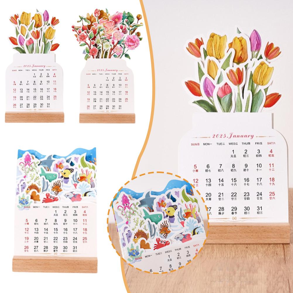 thumbnail image 2 of Wartleves Calendario de escritorio con flores en flor 2025, calendario de escritorio floral con base de madera, mini calendario mensual creativo extraíble con forma de jarrón de 12 meses, calendario d, 2 of 7