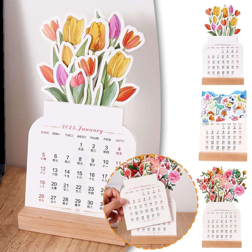 thumbnail image 3 of Wartleves Calendario de escritorio con flores en flor 2025, calendario de escritorio floral con base de madera, mini calendario mensual creativo extraíble con forma de jarrón de 12 meses, calendario d, 3 of 7