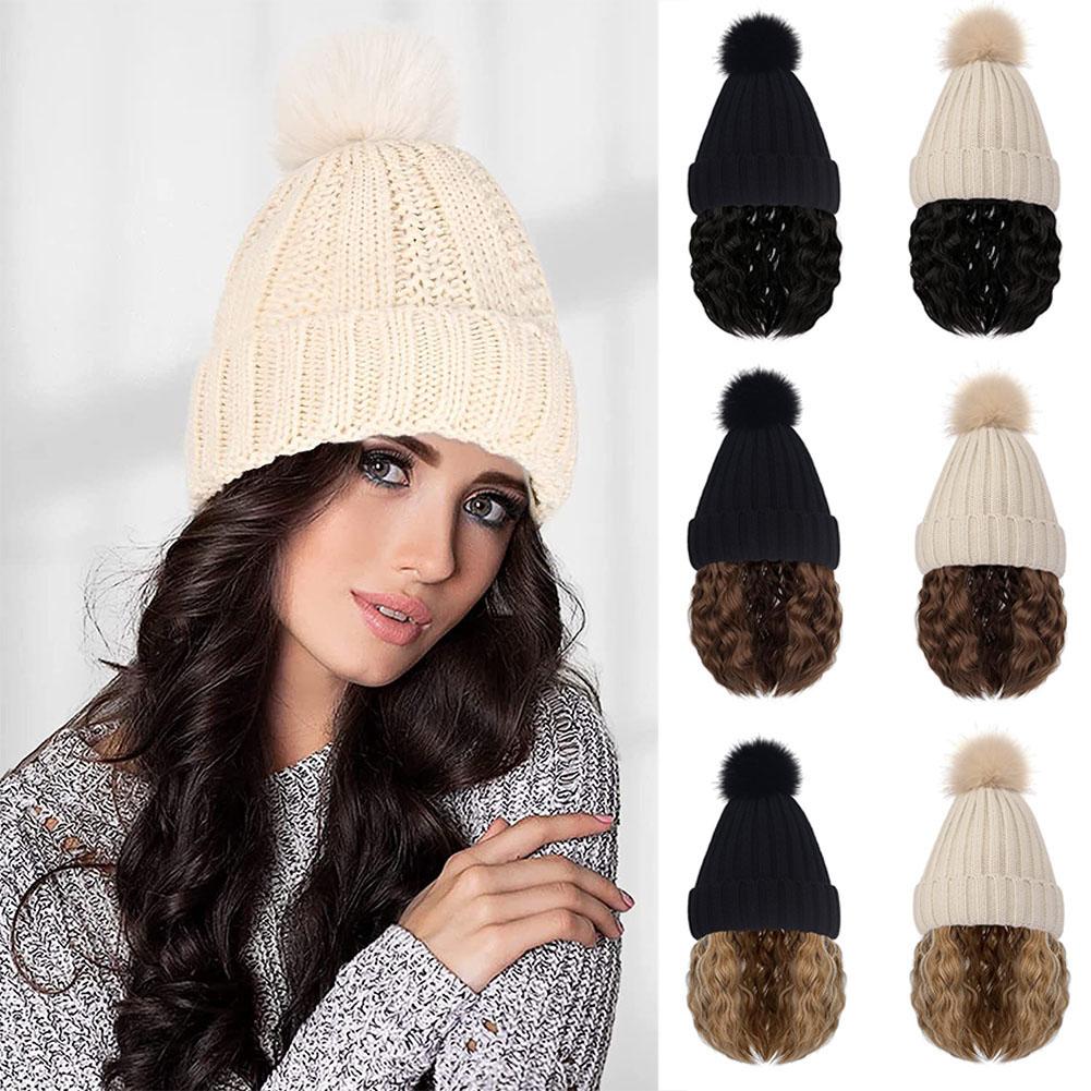 thumbnail image 2 of Ruifaya Gorro de mujer con peluca, gorro largo, rizado y ondulado, gorro de punto de invierno, 2 of 7