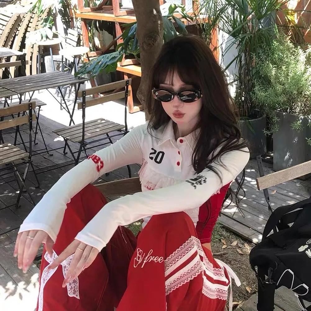thumbnail image 4 of Wartleves Camiseta de encaje picante dulce americana Top de manga larga Tops ajustados adelgazantes Hot V0, 4 of 7