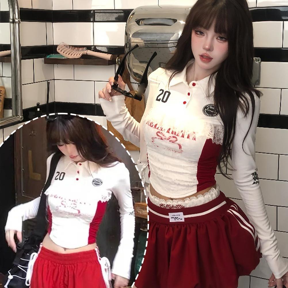 thumbnail image 2 of Wartleves Camiseta de encaje picante dulce americana Top de manga larga Tops ajustados adelgazantes Hot V0, 2 of 7
