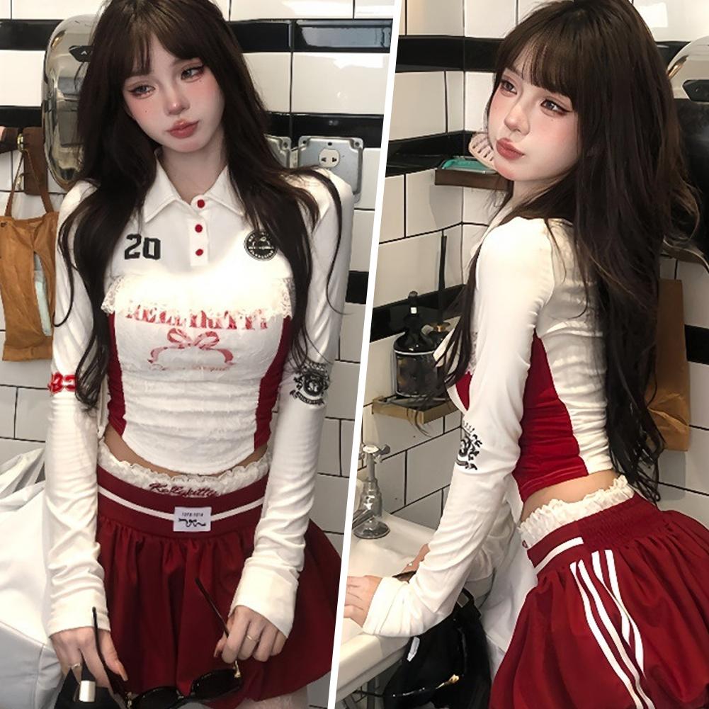 thumbnail image 3 of Wartleves Camiseta de encaje picante dulce americana Top de manga larga Tops ajustados adelgazantes Hot V0, 3 of 7