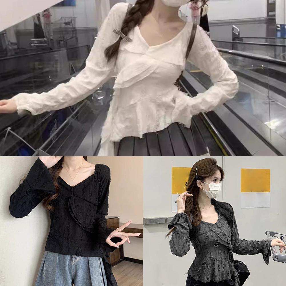 thumbnail image 3 of SGACAI Camisa de manga larga acampanada Camiseta de mujer que resalta la curva de la cintura delgada }э ыш, 3 of 7