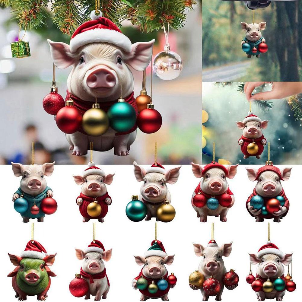 thumbnail image 3 of Ruifaya Adornos navideños divertidos de acrílico 2D para Navidad Adornos para árbol de Navidad con forma de cerdo, 3 of 7