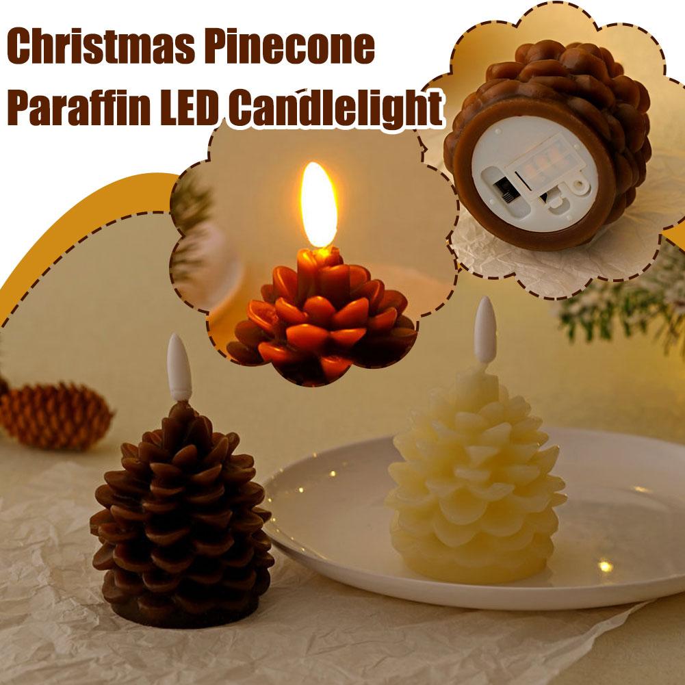 thumbnail image 3 of Wartleves Vela de piña navideña, velas LED de piña, velas sin llama de piña navideña, decoración de bellota, vela de piña LED de cera real, funciona con pilas, para decoración navideña de invierno, 3 of 7