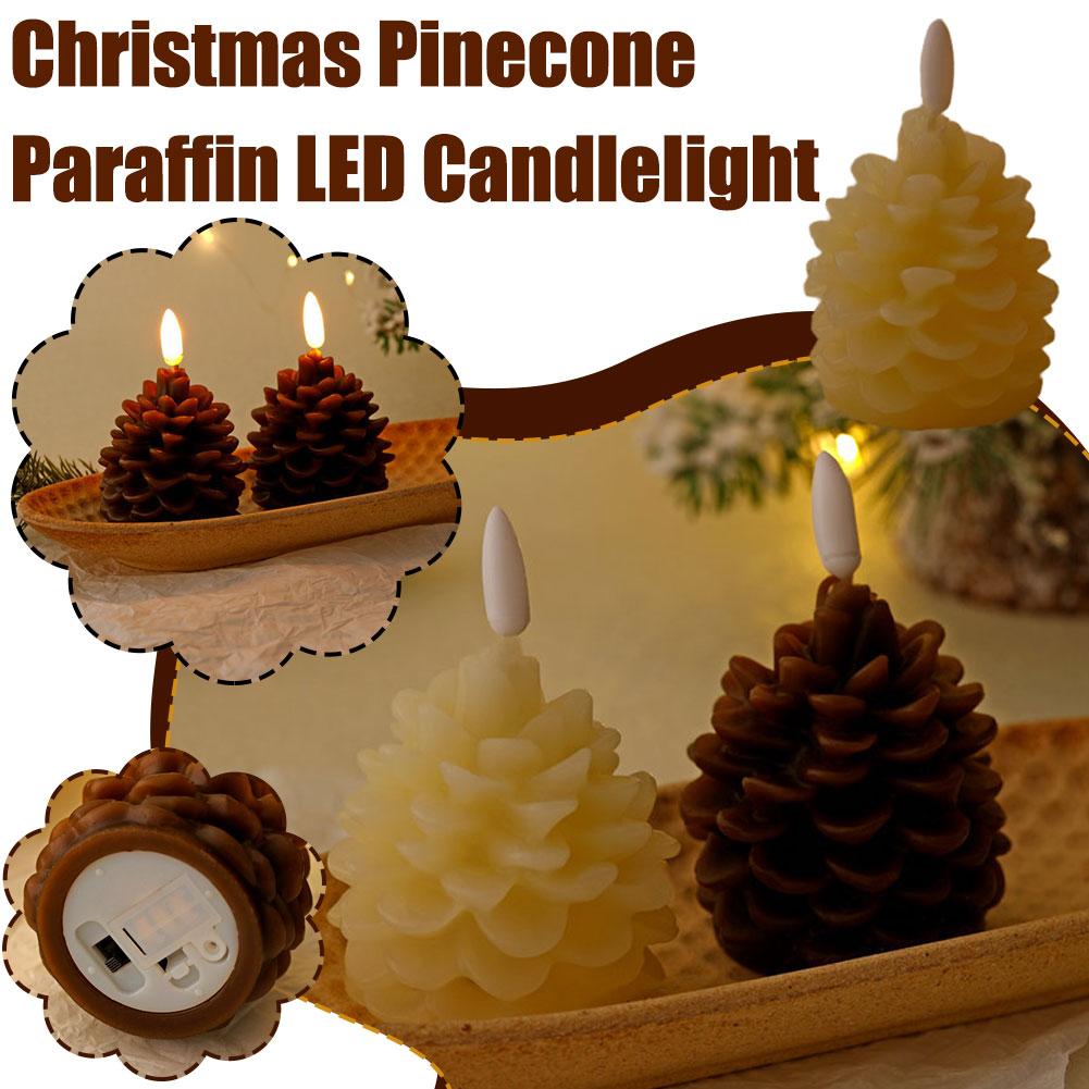 thumbnail image 2 of Wartleves Vela de piña navideña, velas LED de piña, velas sin llama de piña navideña, decoración de bellota, vela de piña LED de cera real, funciona con pilas, para decoración navideña de invierno, 2 of 7