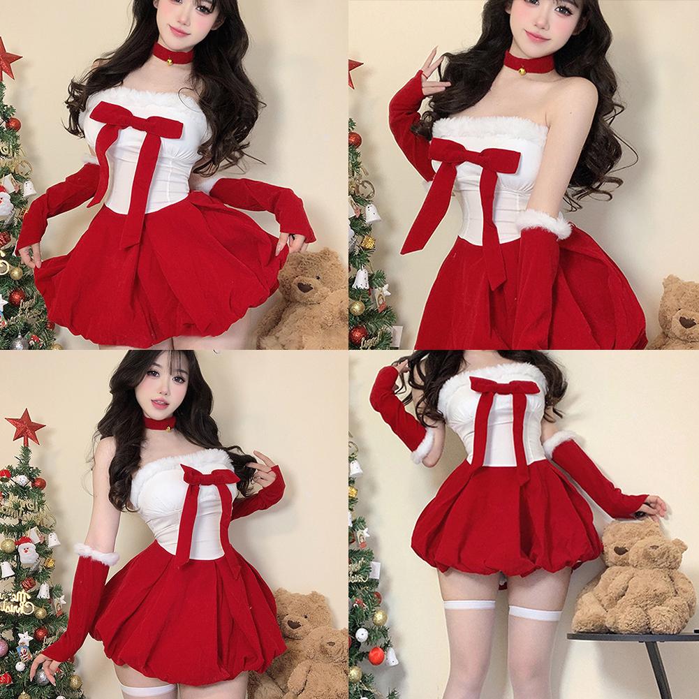 thumbnail image 2 of Wartleves Vestido rojo de conejita sexy para mujer, ropa interior de lencería dulce para cosplay de Navidad, 2 of 7