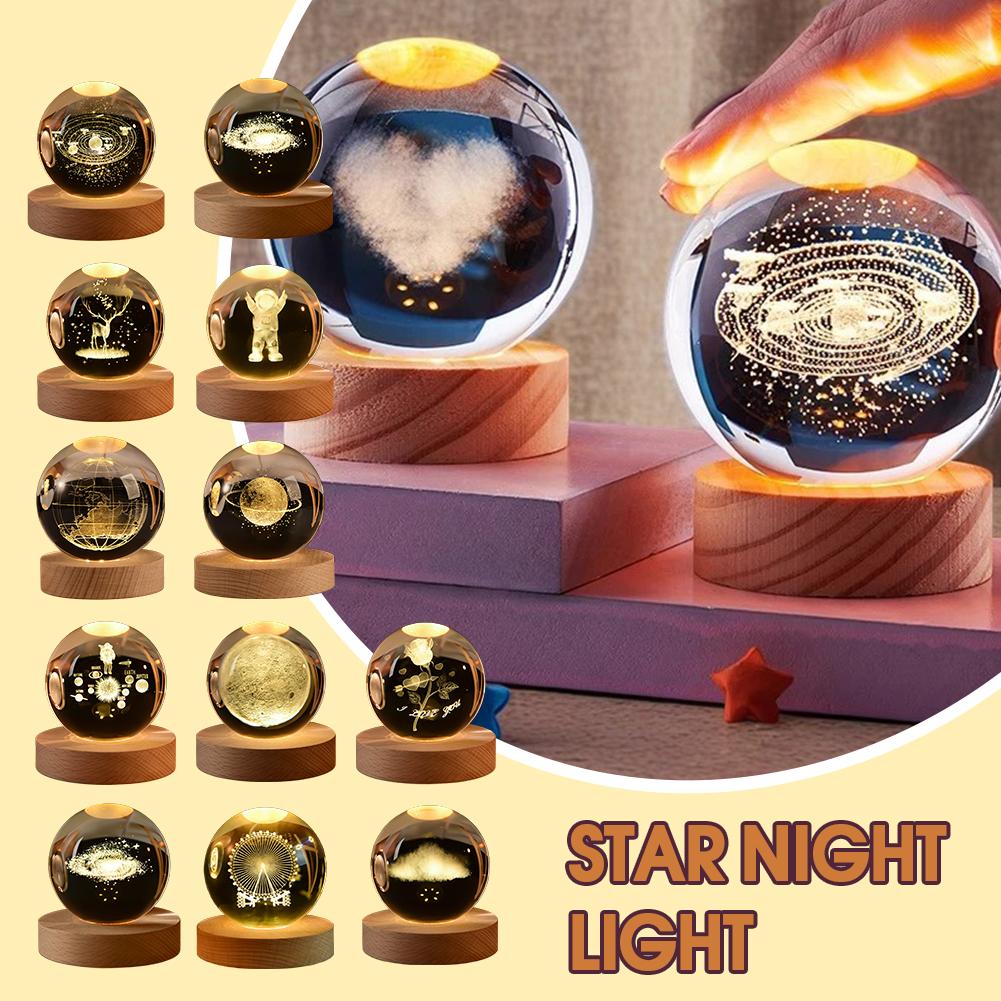 thumbnail image 2 of Wartleves LQQDREX - Lámpara de noche con forma de bola de cristal 3D de gran tamaño, esferas estelares calmantes, lámpara de esfera de cristal con base de madera, escultura de exhibición de cristal, r, 2 of 7