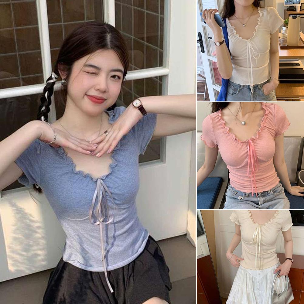 thumbnail image 3 of Ruifaya Camiseta de manga corta con borde de madera y pajarita Camiseta cortaÐσ, 3 of 7