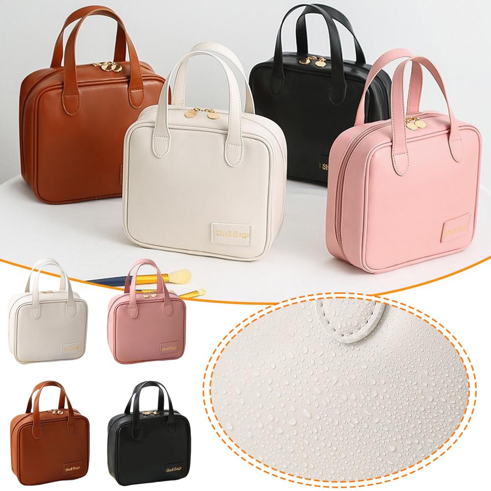 thumbnail image 3 of Wartleves Bolsa de maquillaje de PU con asa, bolsa de viaje multicapa portátil impermeable, 3 of 7